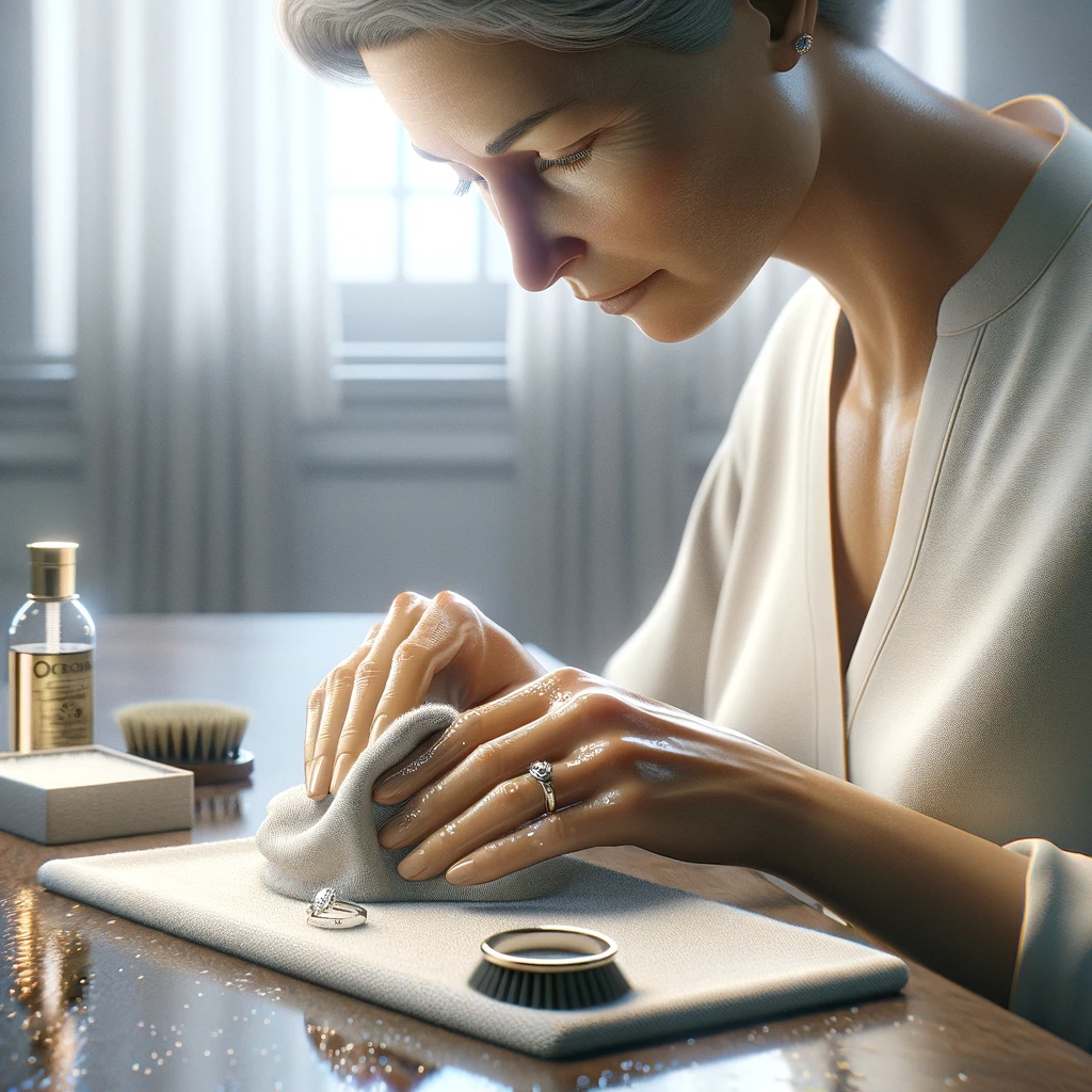 care, wedding ring, jewelry maintenance 📸📸 Realistic photo of a person cleaning a wedding ring with a soft cloth, with jewelry care products in the background 📸📸 Уход за обручальным кольцом